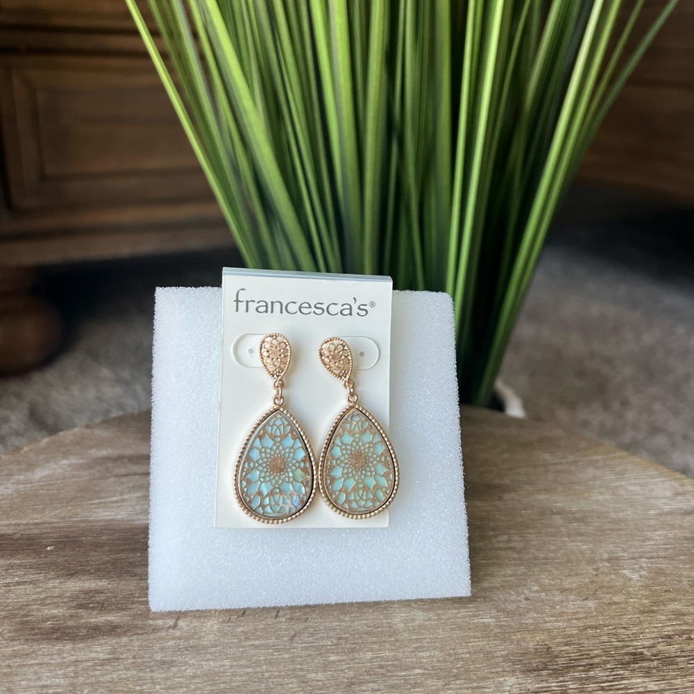 Francesca’s gold and light blue earrings. Delicate flower design. Never worn.